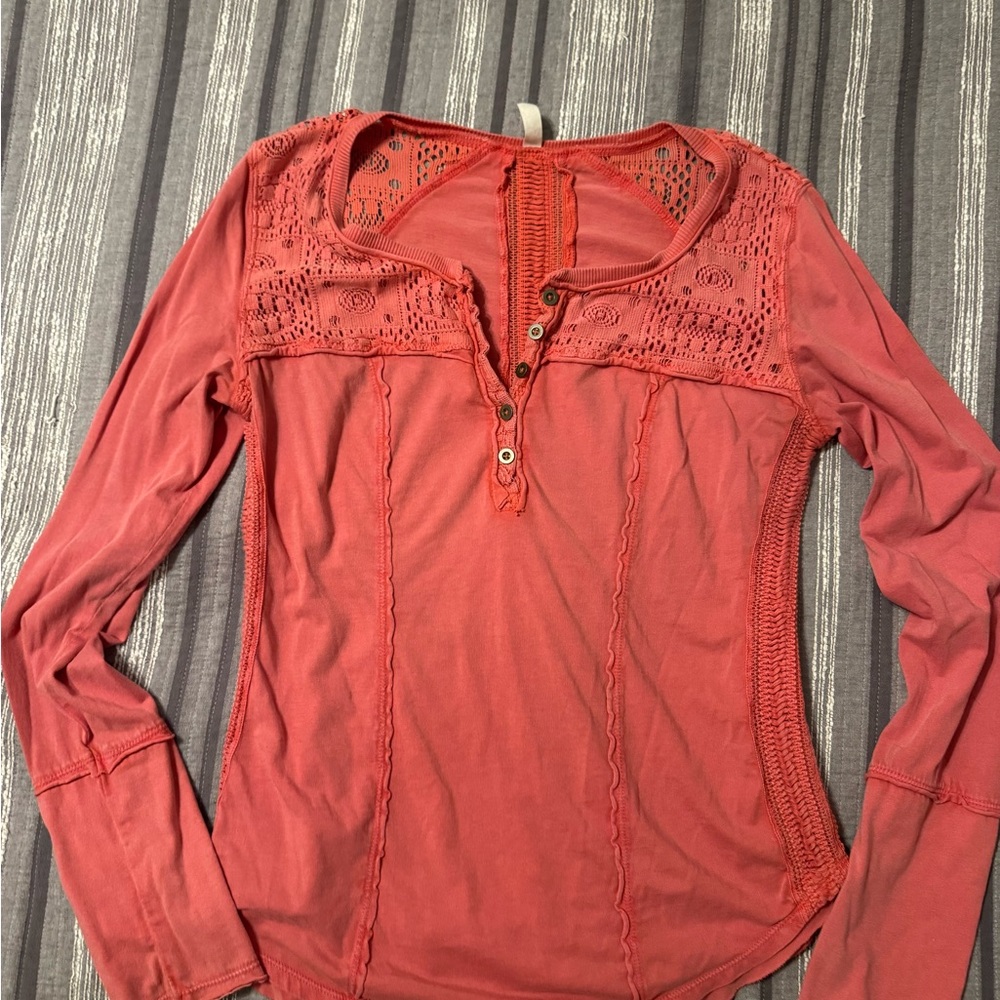Free People Coral Lace Long Sleeve Top